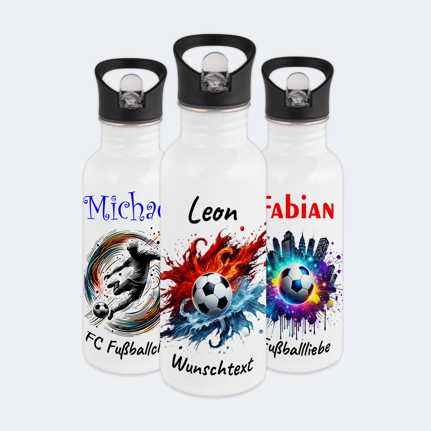 Trinkflasche mit Strohhalm in Weiß 600ml bedruckt mit Fußball Motiven"Motiv12" personalisierbar für Kinder mit Wunschname aus Edelstahl