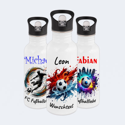Trinkflasche mit Strohhalm in Weiß 600ml bedruckt mit Fußball Motiven"Motiv12" personalisierbar für Kinder mit Wunschname aus Edelstahl