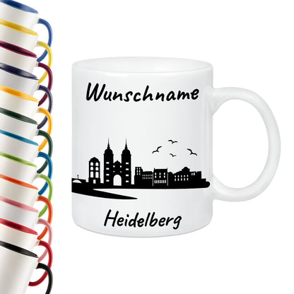 Tasse in Weiß 330ml bedruckt mit der Skyline von Heidelberg personalisierbar mit Wunschname