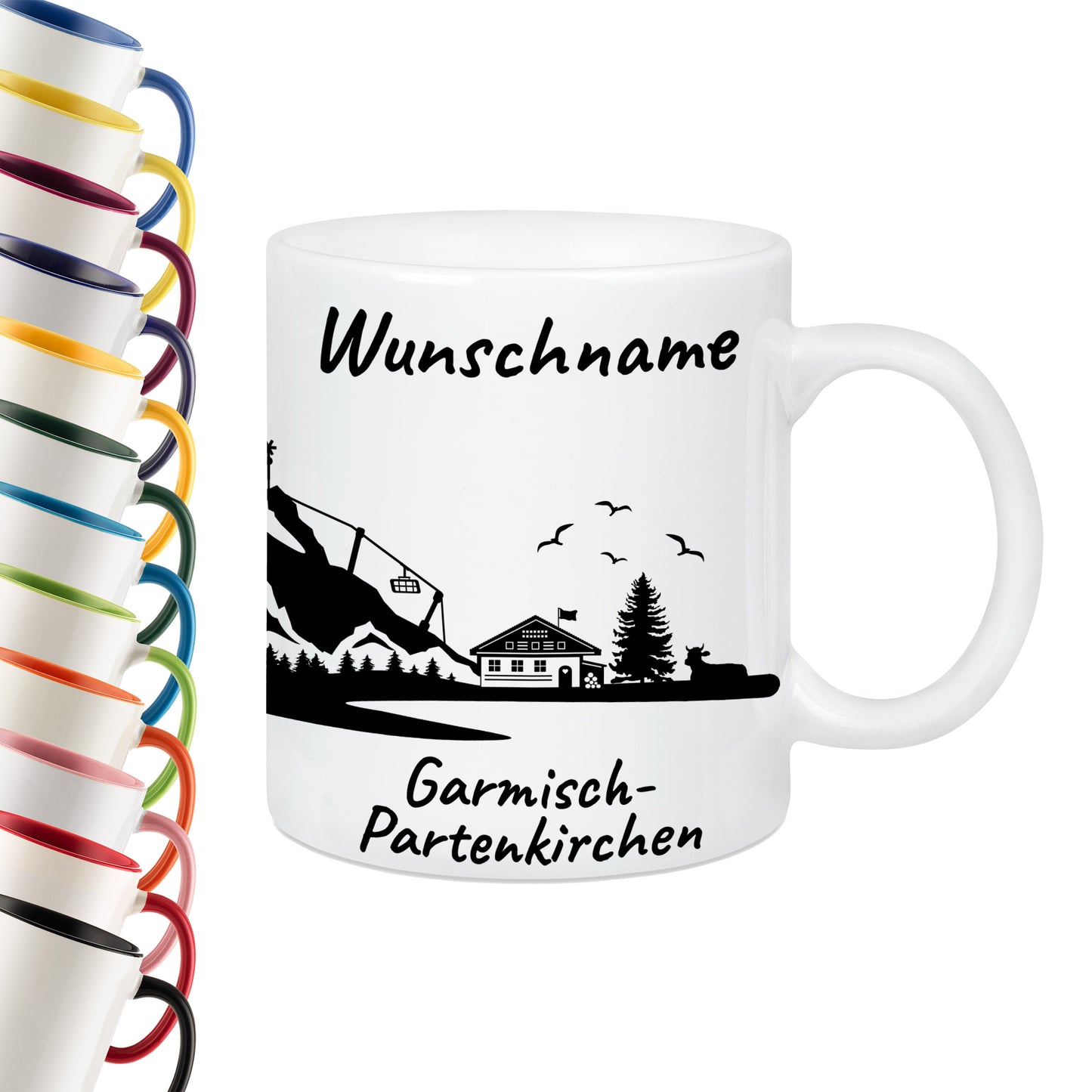 Tasse in Weiß 330ml bedruckt mit der Skyline von Garmisch-Partenkirchen personalisierbar mit Wunschname
