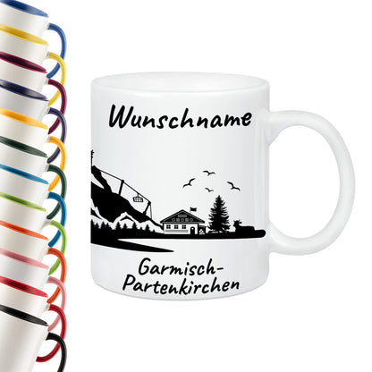 Tasse in Weiß 330ml bedruckt mit der Skyline von Garmisch-Partenkirchen personalisierbar mit Wunschname