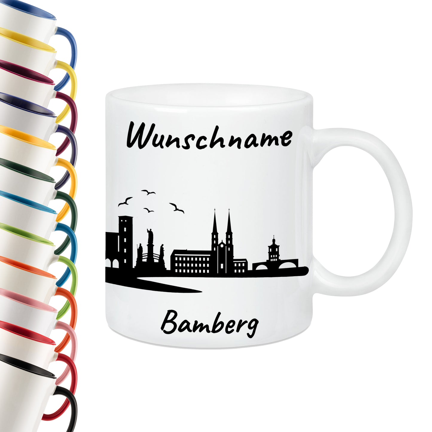 Tasse in Weiß 330ml bedruckt mit der Skyline von Bamberg personalisierbar mit Wunschname
