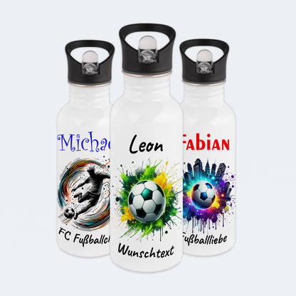 Trinkflasche mit Strohhalm in Weiß 600ml bedruckt mit Fußball Motiven"Motiv11" personalisierbar für Kinder mit Wunschname aus Edelstahl