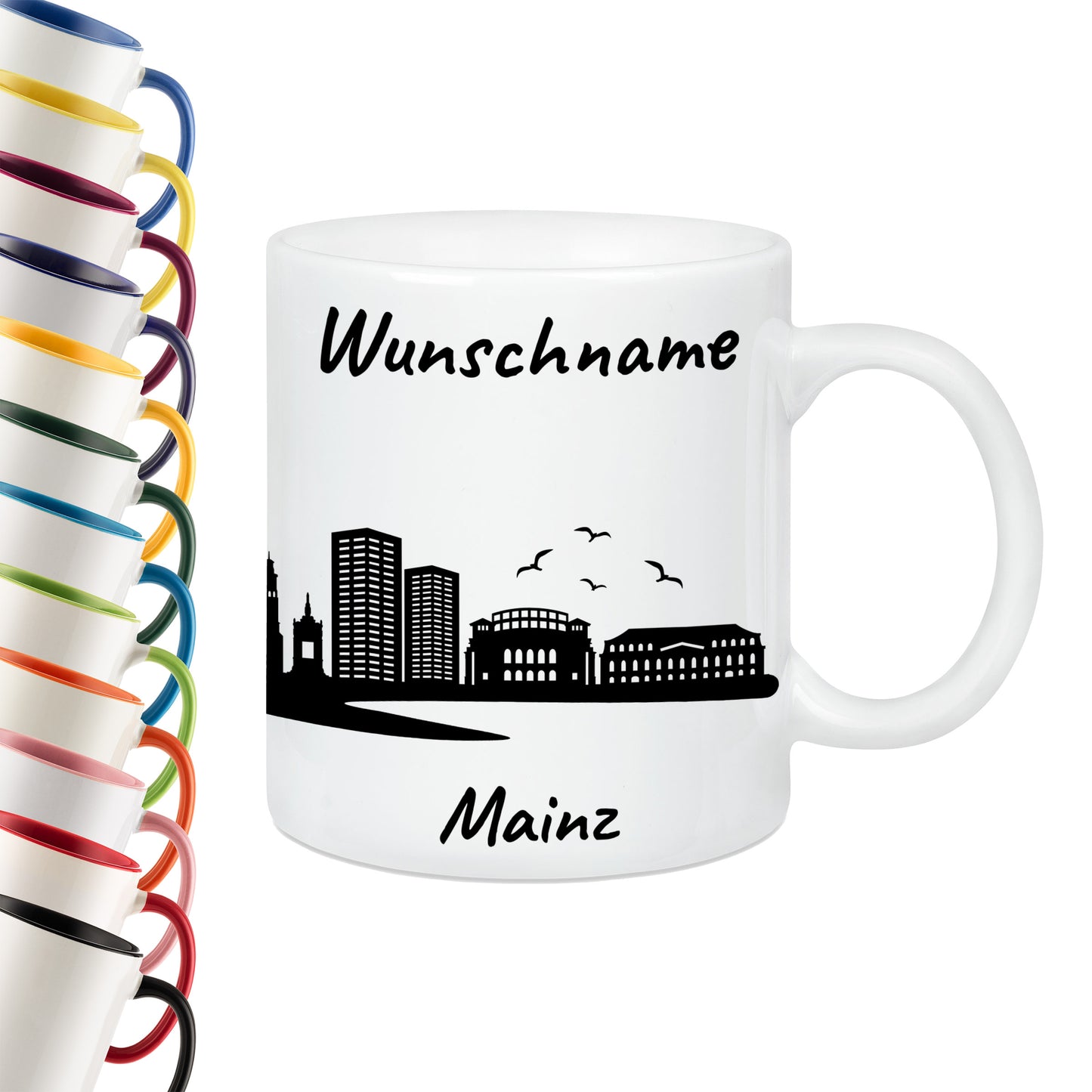 Tasse in Weiß 330ml bedruckt mit der Skyline von Mainz personalisierbar mit Wunschname
