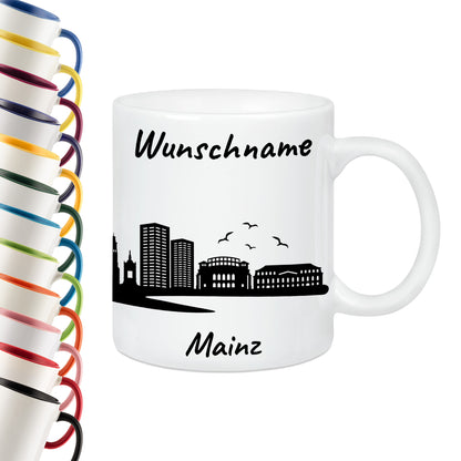 Tasse in Weiß 330ml bedruckt mit der Skyline von Mainz personalisierbar mit Wunschname