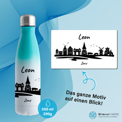 Trinkflasche in Weiß/Mint 500ml aus Edelstahl bedruckt mit der Skyline von Zons (Dormagen) personalisierbar mit Wunschname