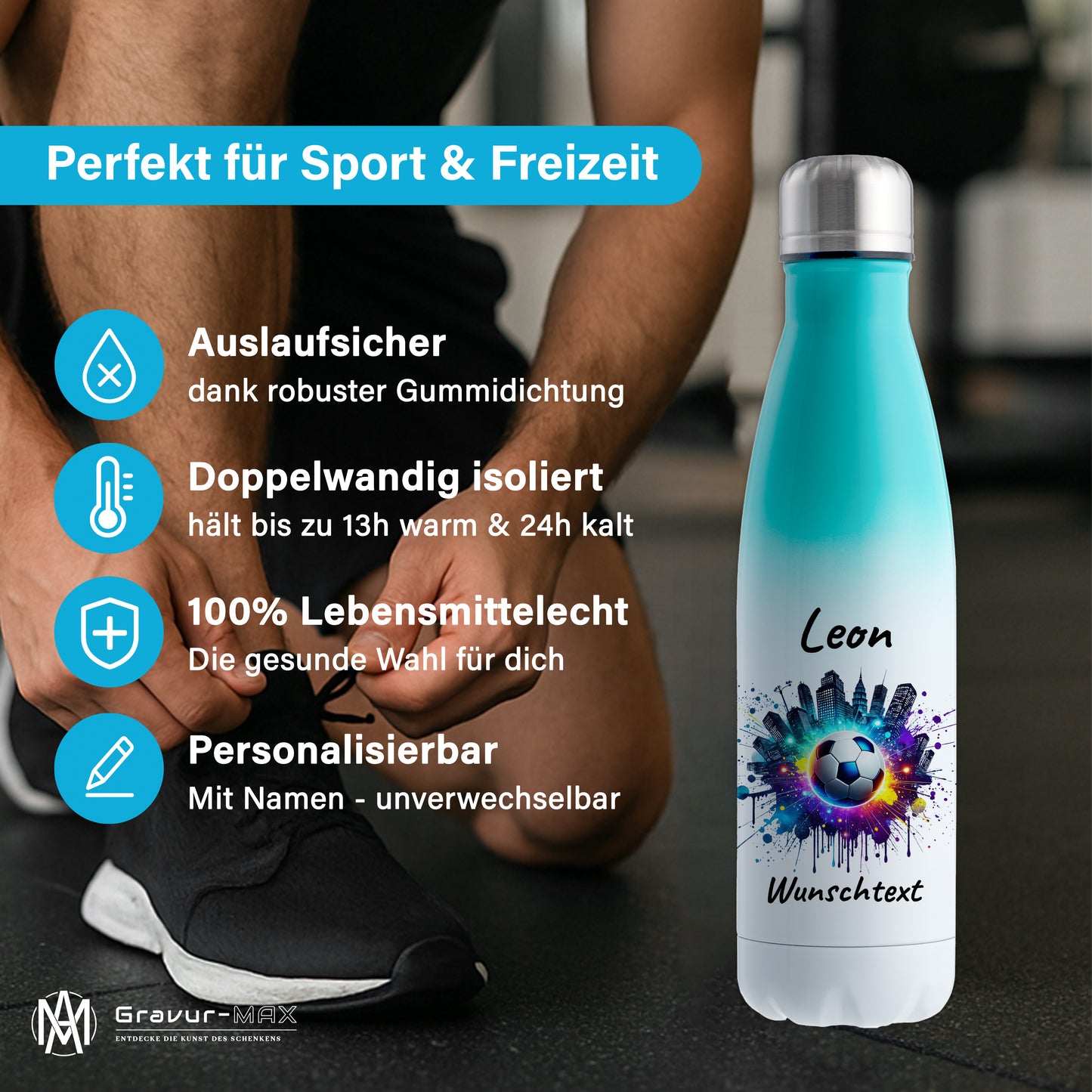 Thermoflasche 500ml in Weiß/Mint aus Edelstahl bedruckt "Fußball" Motiv7 personalisierbar mit Wunschname & Text