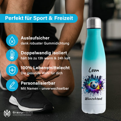 Thermoflasche 500ml in Weiß/Mint aus Edelstahl bedruckt "Fußball" Motiv7 personalisierbar mit Wunschname & Text