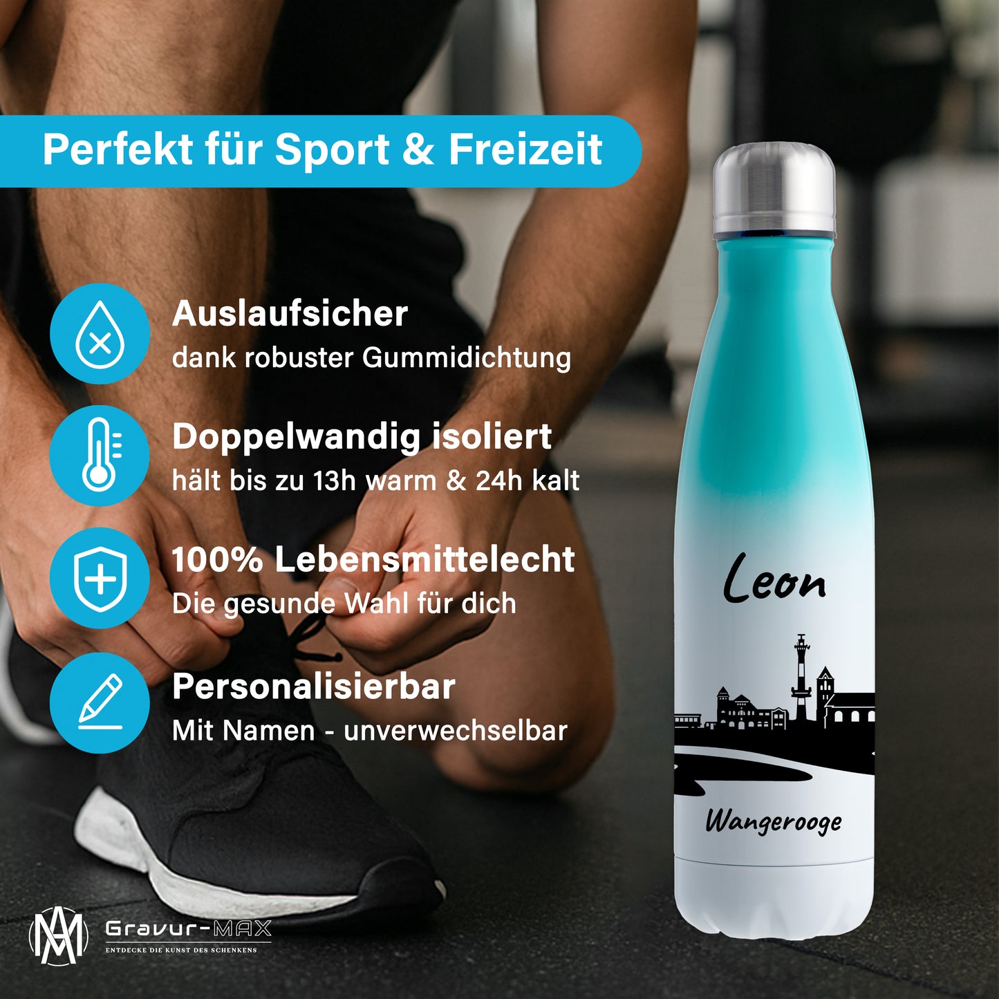Trinkflasche in Weiß/Mint 500ml aus Edelstahl bedruckt mit der Skyline von Wangerooge personalisierbar mit Wunschname