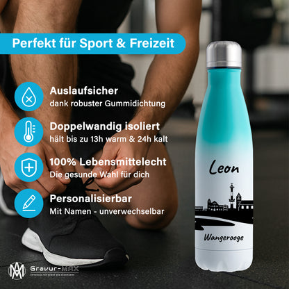 Trinkflasche in Weiß/Mint 500ml aus Edelstahl bedruckt mit der Skyline von Wangerooge personalisierbar mit Wunschname