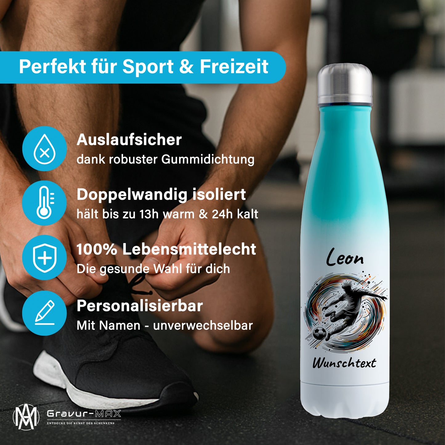 Thermoflasche 500ml in Weiß/Mint aus Edelstahl bedruckt "Fußball" Motiv1 personalisierbar mit Wunschname & Text