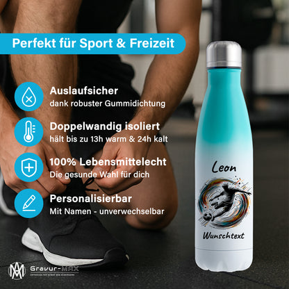 Thermoflasche 500ml in Weiß/Mint aus Edelstahl bedruckt "Fußball" Motiv1 personalisierbar mit Wunschname & Text