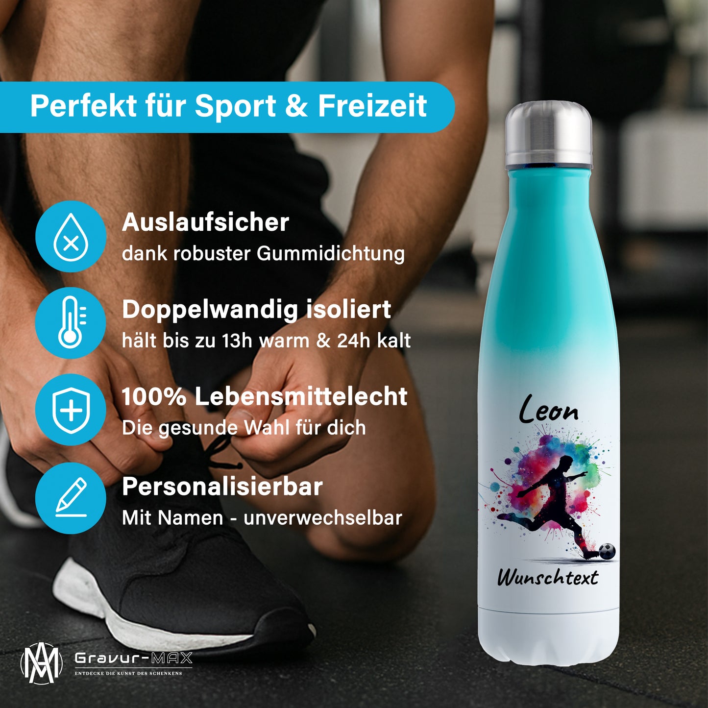 Thermoflasche 500ml in Weiß/Mint aus Edelstahl bedruckt "Fußball" Motiv4 personalisierbar mit Wunschname & Text