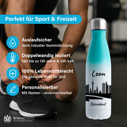 Trinkflasche in Weiß/Mint 500ml aus Edelstahl bedruckt mit der Skyline von Düsseldorf personalisierbar mit Wunschname