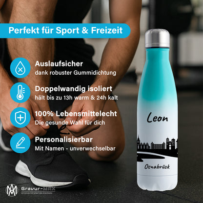 Trinkflasche in Weiß/Mint 500ml aus Edelstahl bedruckt mit der Skyline von Osnabrück personalisierbar mit Wunschname