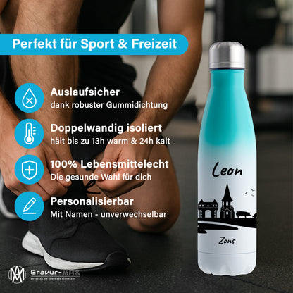 Trinkflasche in Weiß/Mint 500ml aus Edelstahl bedruckt mit der Skyline von Zons (Dormagen) personalisierbar mit Wunschname