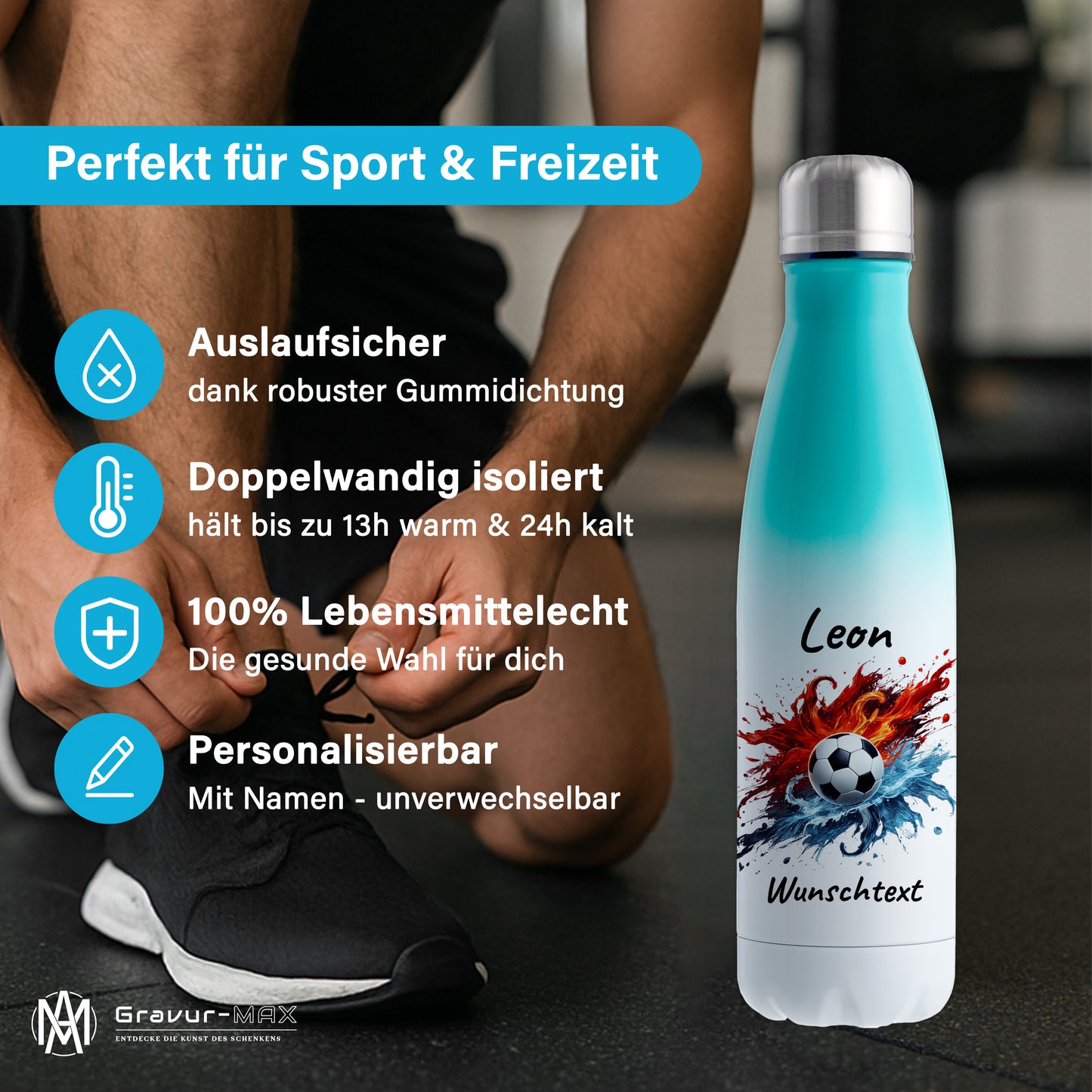 Thermoflasche 500ml in Weiß/Mint aus Edelstahl bedruckt "Fußball" Motiv12 personalisierbar mit Wunschname & Text