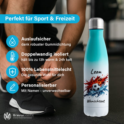 Thermoflasche 500ml in Weiß/Mint aus Edelstahl bedruckt "Fußball" Motiv12 personalisierbar mit Wunschname & Text