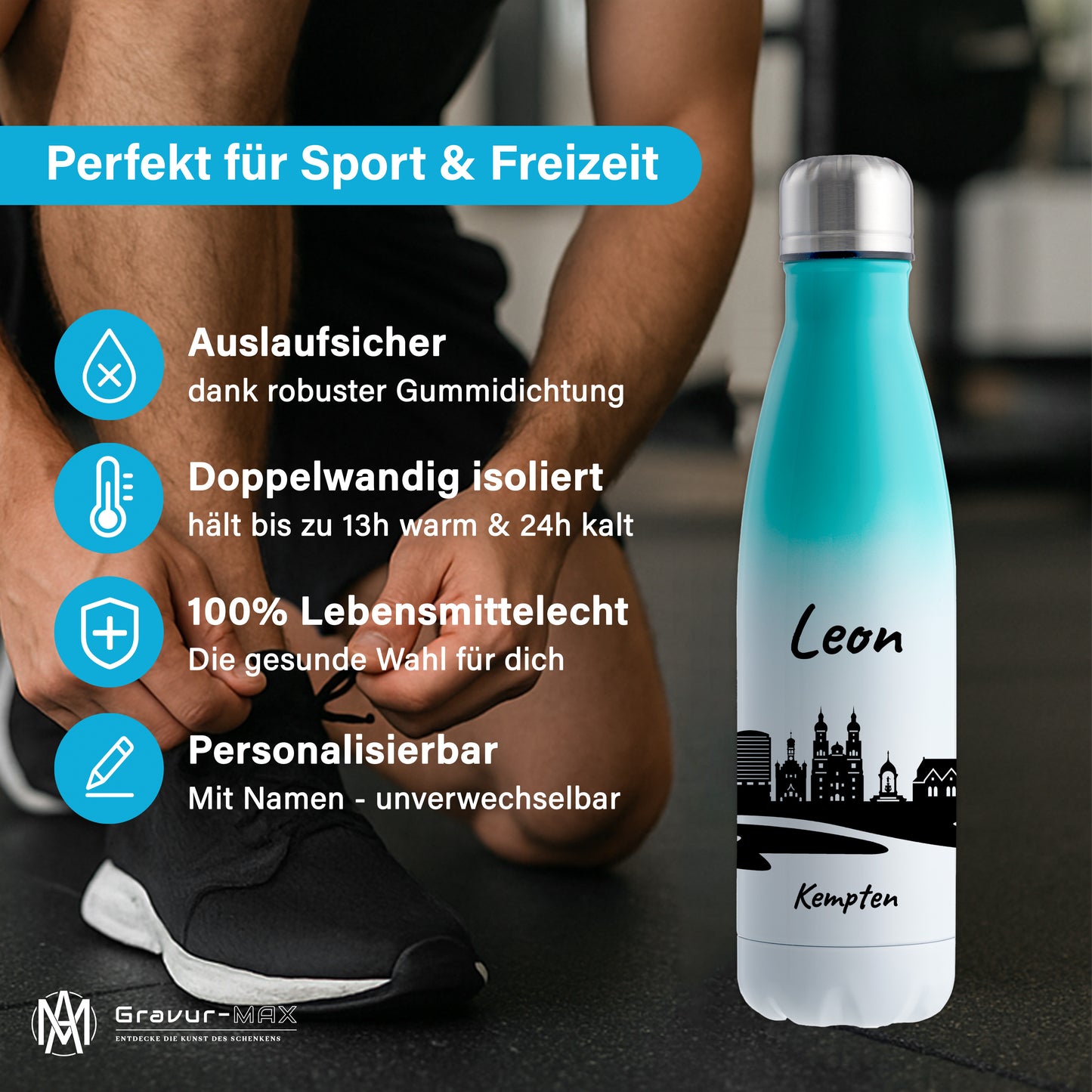 Trinkflasche in Weiß/Mint 500ml aus Edelstahl bedruckt mit der Skyline von Kempten personalisierbar mit Wunschname