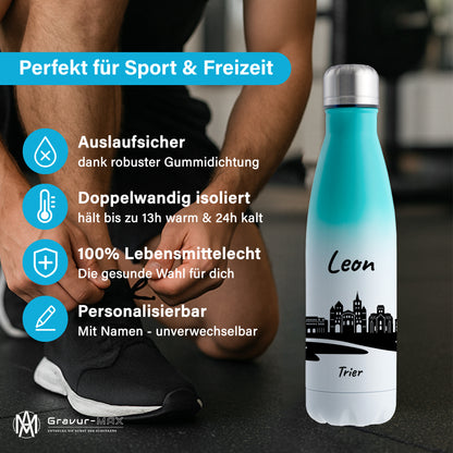 Trinkflasche in Weiß/Mint 500ml aus Edelstahl bedruckt mit der Skyline von Trier personalisierbar mit Wunschname