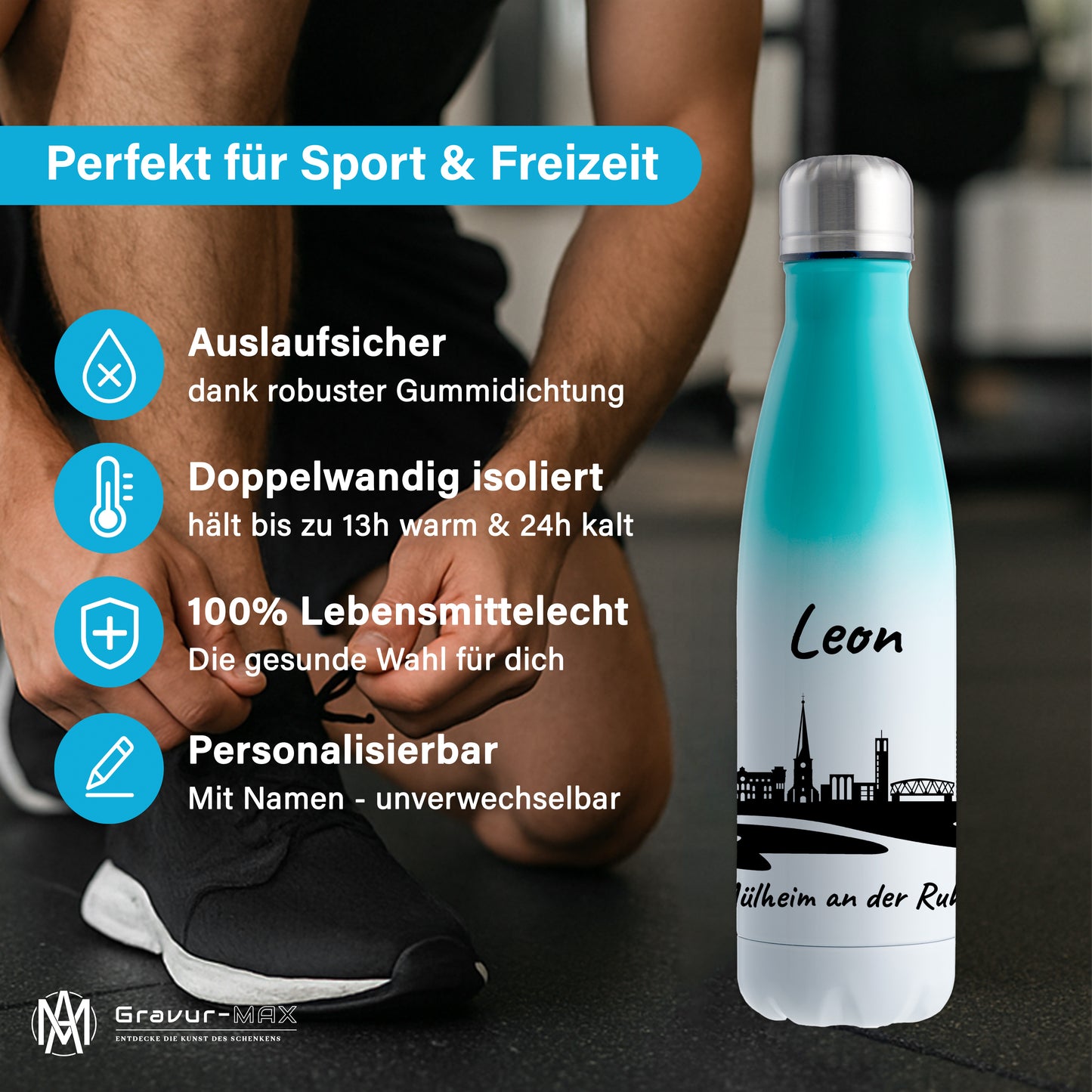 Trinkflasche in Weiß/Mint 500ml aus Edelstahl bedruckt mit der Skyline von Mülheim an der Ruhr personalisierbar mit Wunschname