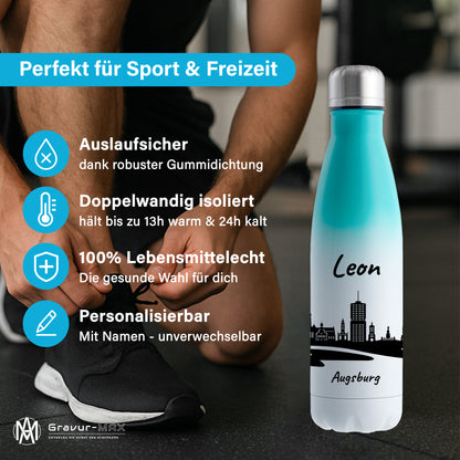 Trinkflasche in Weiß/Mint 500ml aus Edelstahl bedruckt mit der Skyline von Augsburg personalisierbar mit Wunschname