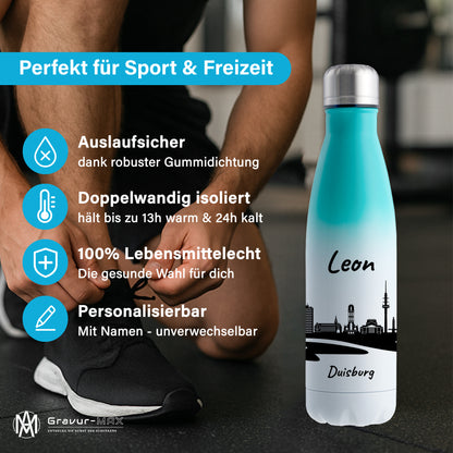 Trinkflasche in Weiß/Mint 500ml aus Edelstahl bedruckt mit der Skyline von Duisburg personalisierbar mit Wunschname