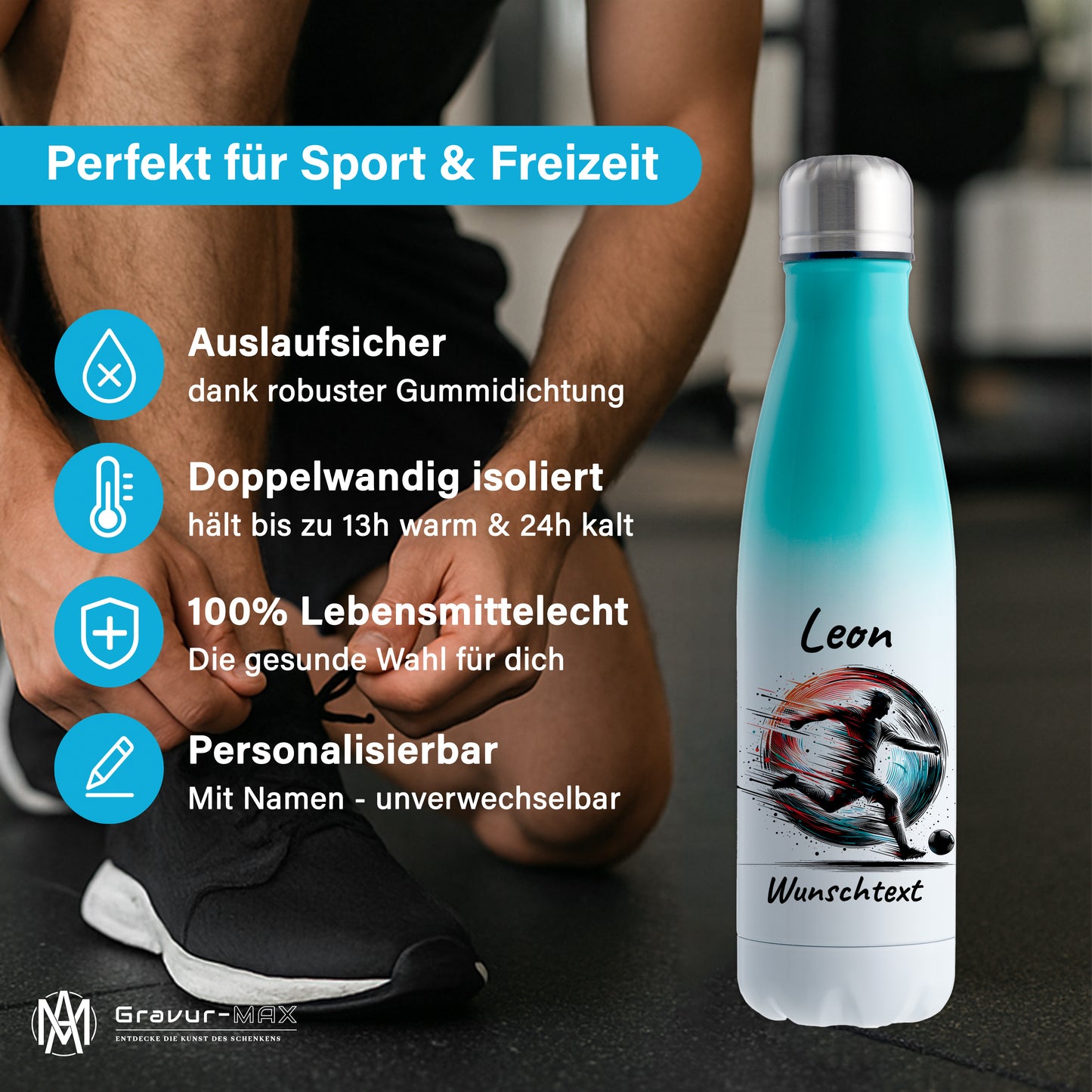 Thermoflasche 500ml in Weiß/Mint aus Edelstahl bedruckt "Fußball" Motiv3 personalisierbar mit Wunschname & Text