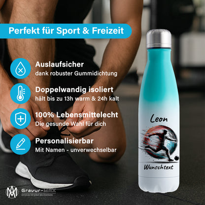Thermoflasche 500ml in Weiß/Mint aus Edelstahl bedruckt "Fußball" Motiv3 personalisierbar mit Wunschname & Text