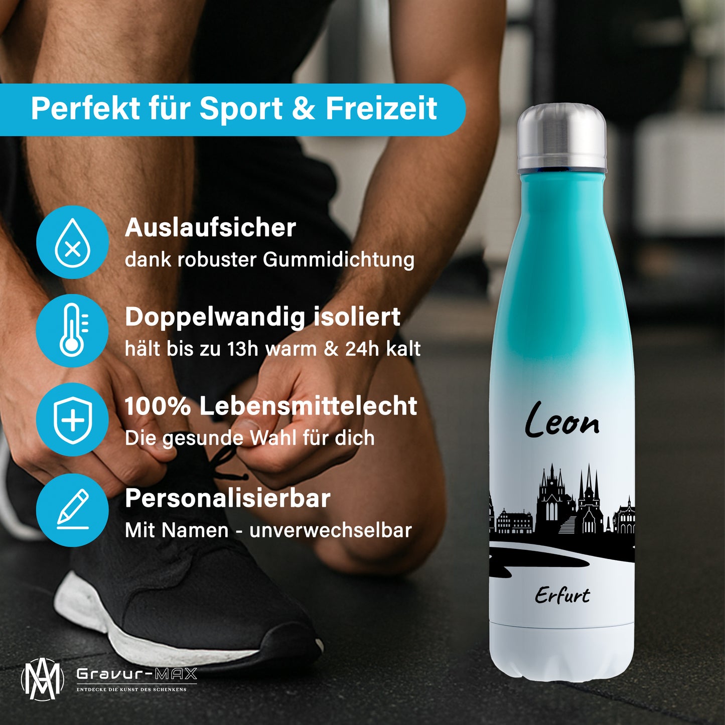 Trinkflasche in Weiß/Mint 500ml aus Edelstahl bedruckt mit der Skyline von Erfurt personalisierbar mit Wunschname