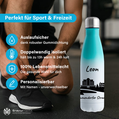 Trinkflasche in Weiß/Mint 500ml aus Edelstahl bedruckt mit der Skyline von Timmendorfer Strand personalisierbar mit Wunschname