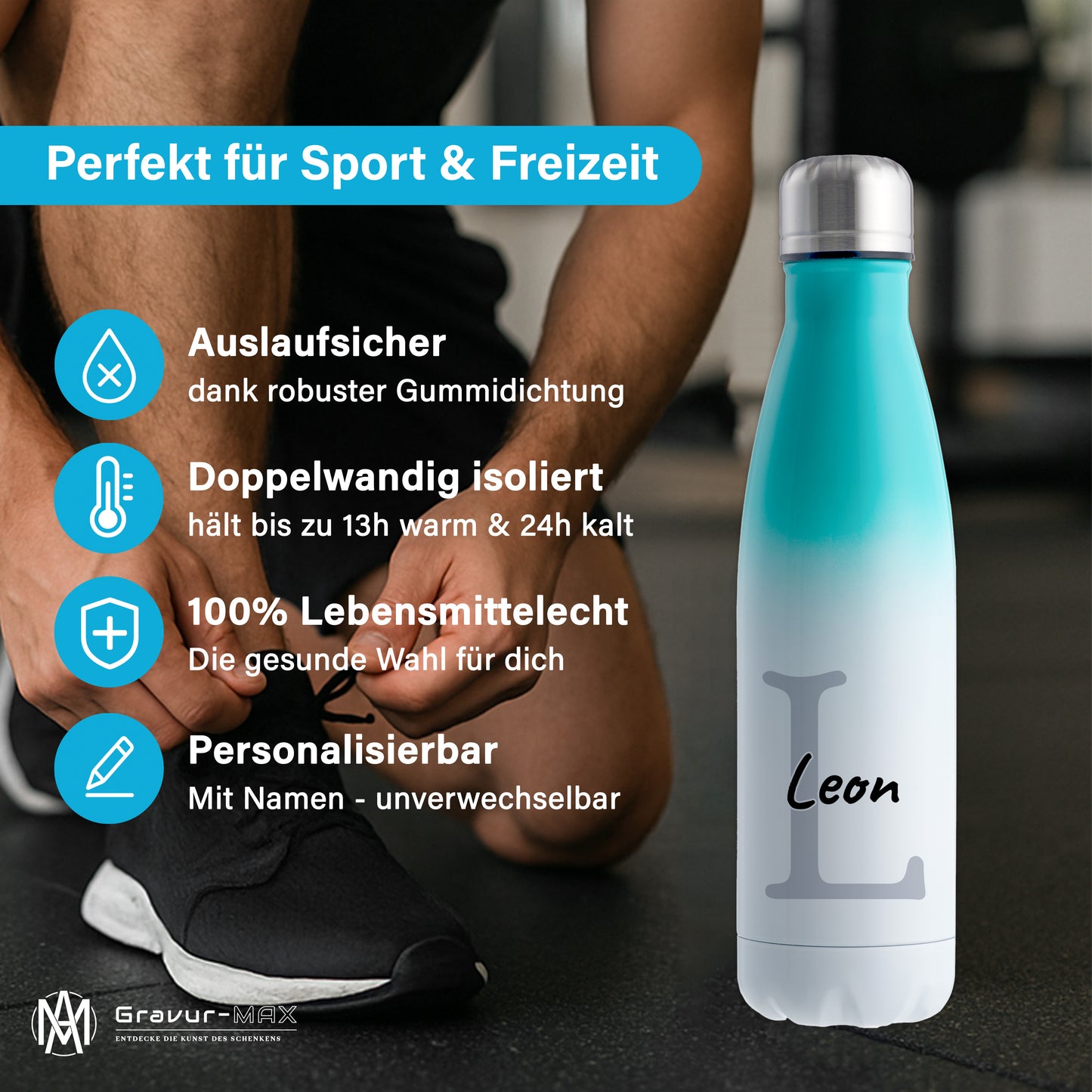 Thermoflasche 500ml aus Edelstahl in Weiß/Mint personalisierbar mit Wunschname auslaufsichere Trinkflasche