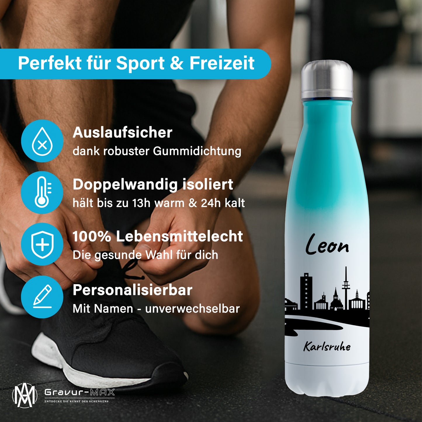 Trinkflasche in Weiß/Mint 500ml aus Edelstahl bedruckt mit der Skyline von Karlsruhe personalisierbar mit Wunschname