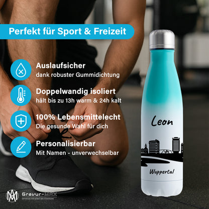 Trinkflasche in Weiß/Mint 500ml aus Edelstahl bedruckt mit der Skyline von Wuppertal personalisierbar mit Wunschname