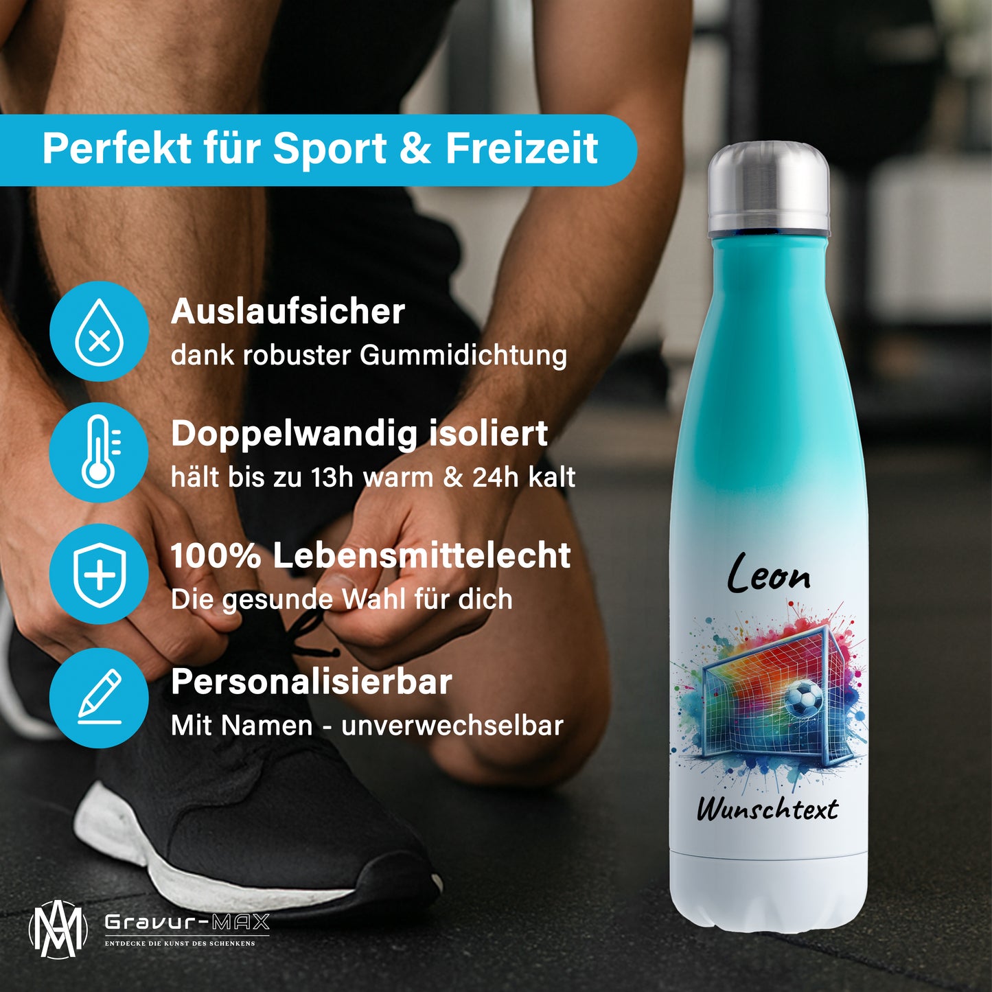 Thermoflasche 500ml in Weiß/Mint aus Edelstahl bedruckt "Fußball" Motiv5 personalisierbar mit Wunschname & Text