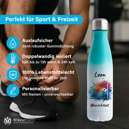 Thermoflasche 500ml in Weiß/Mint aus Edelstahl bedruckt "Fußball" Motiv5 personalisierbar mit Wunschname & Text