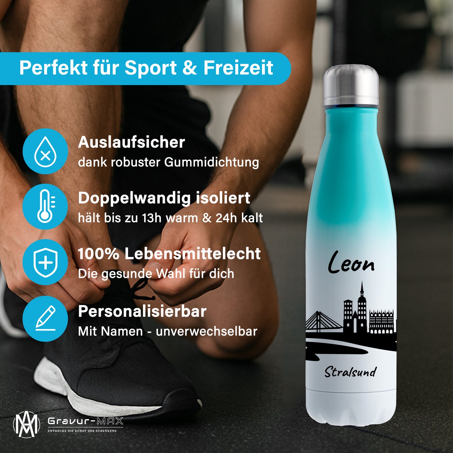 Trinkflasche in Weiß/Mint 500ml aus Edelstahl bedruckt mit der Skyline von Stralsund personalisierbar mit Wunschname