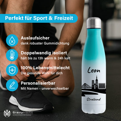 Trinkflasche in Weiß/Mint 500ml aus Edelstahl bedruckt mit der Skyline von Stralsund personalisierbar mit Wunschname