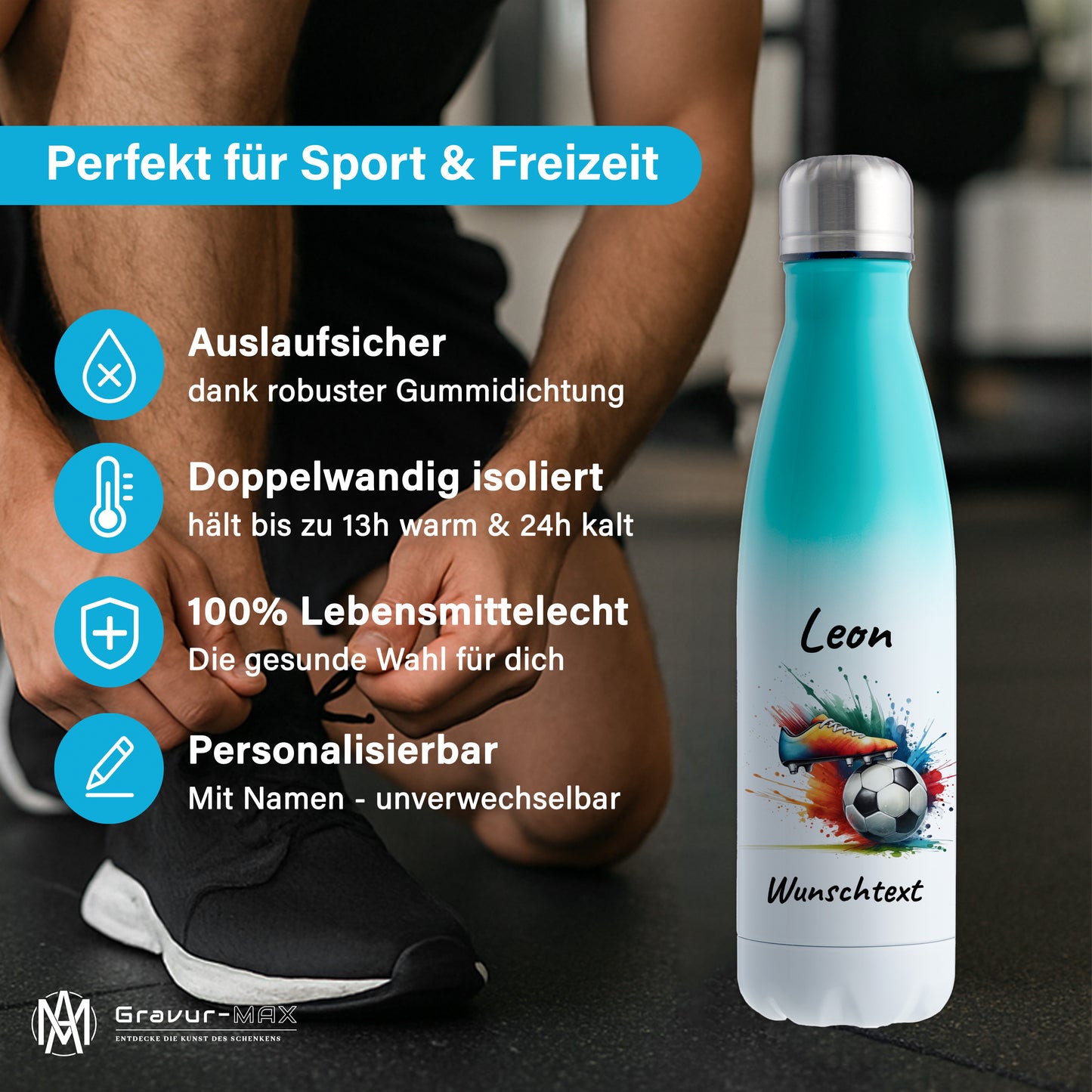 Thermoflasche 500ml in Weiß/Mint aus Edelstahl bedruckt "Fußball" Motiv6 personalisierbar mit Wunschname & Text