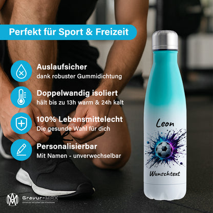 Thermoflasche 500ml in Weiß/Mint aus Edelstahl bedruckt "Fußball" Motiv10 personalisierbar mit Wunschname & Text