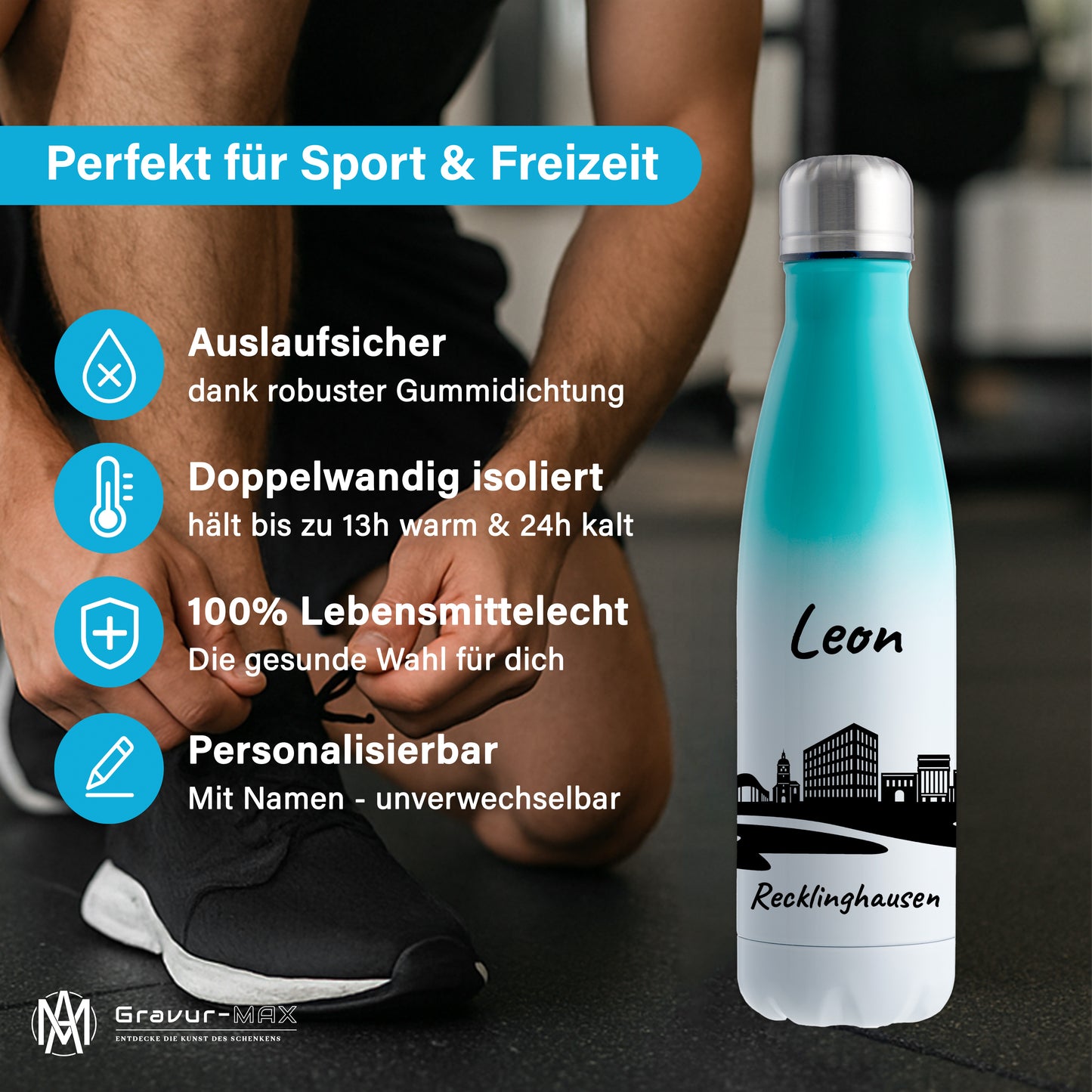 Trinkflasche in Weiß/Mint 500ml aus Edelstahl bedruckt mit der Skyline von Recklinghausen personalisierbar mit Wunschname
