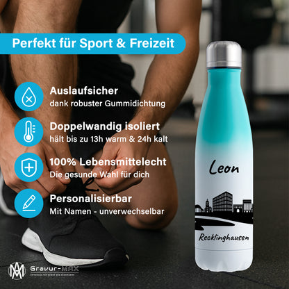 Trinkflasche in Weiß/Mint 500ml aus Edelstahl bedruckt mit der Skyline von Recklinghausen personalisierbar mit Wunschname