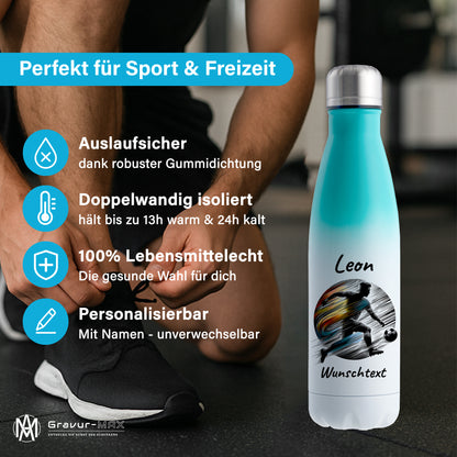 Thermoflasche 500ml in Weiß/Mint aus Edelstahl bedruckt "Fußball" Motiv2 personalisierbar mit Wunschname & Text