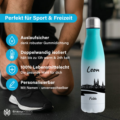 Trinkflasche in Weiß/Mint 500ml aus Edelstahl bedruckt mit der Skyline von Fulda personalisierbar mit Wunschname