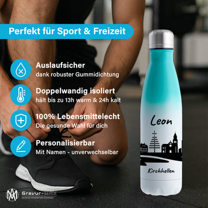 Trinkflasche in Weiß/Mint 500ml aus Edelstahl bedruckt mit der Skyline von Kirchhellen personalisierbar mit Wunschname