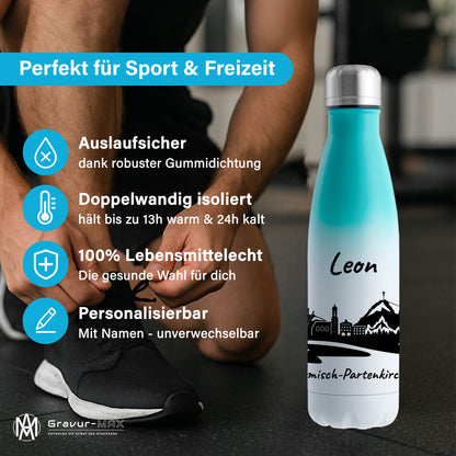 Trinkflasche in Weiß/Mint 500ml aus Edelstahl bedruckt mit der Skyline von Garmisch-Partenkirchen personalisierbar mit Wunschname
