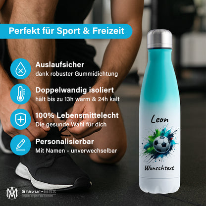 Thermoflasche 500ml in Weiß/Mint aus Edelstahl bedruckt "Fußball" Motiv8 personalisierbar mit Wunschname & Text