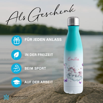 Thermoflasche 500ml in Weiß/Mint bedruckt mit tollen Motiven für Kinder "Einhorn Wolke" personalisierbar mit Wunschname