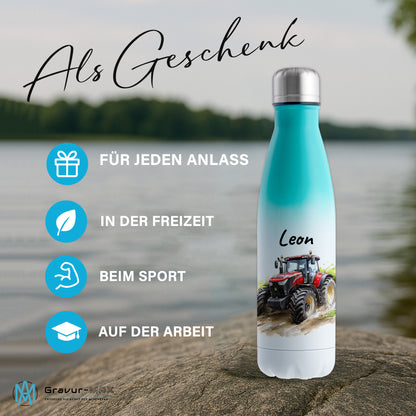 Thermoflasche 500ml in Weiß/Mint bedruckt mit tollen Motiven für Kinder "Traktor" personalisierbar mit Wunschname