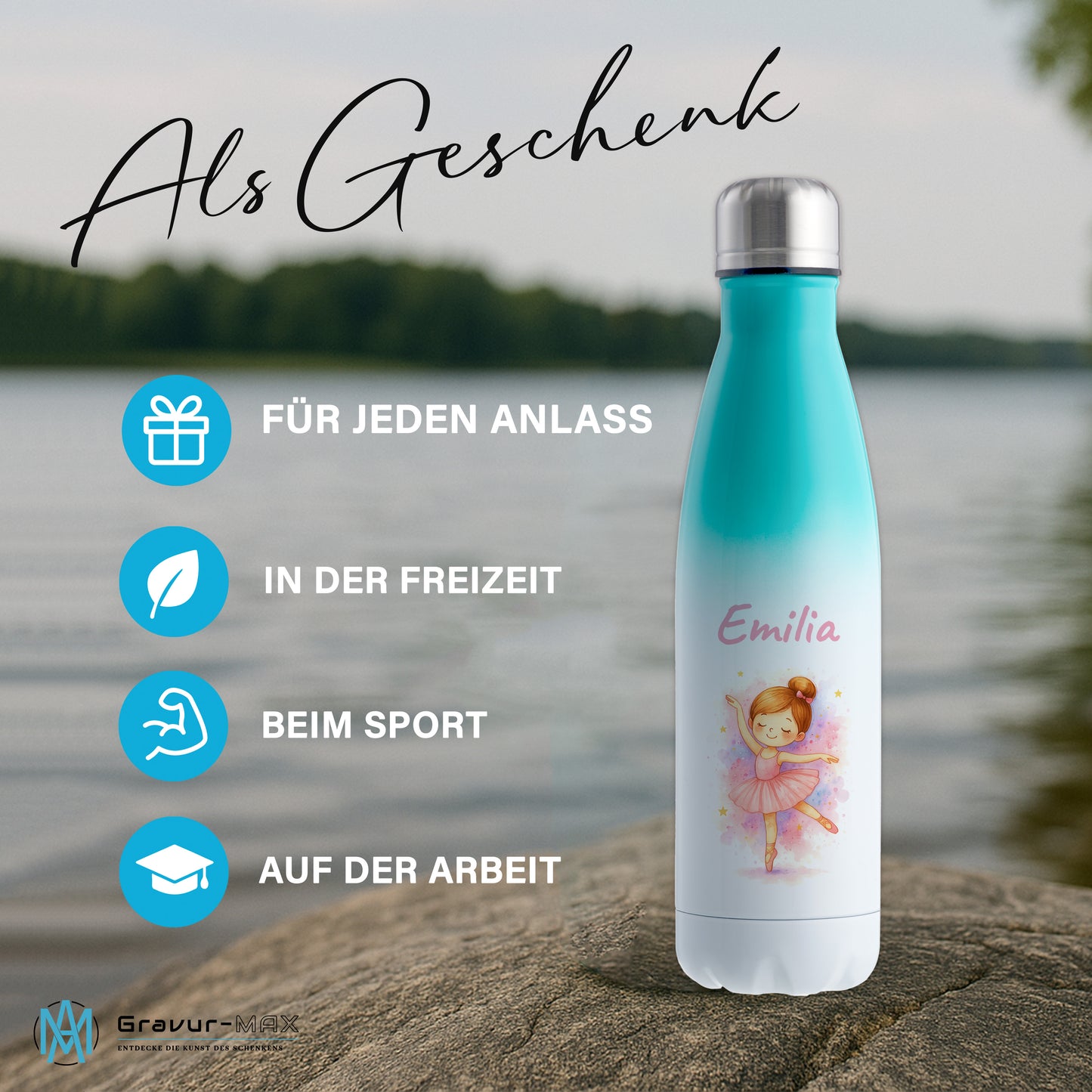 Thermoflasche 500ml in Weiß/Mint bedruckt mit tollen Motiven für Kinder "Ballerina" personalisierbar mit Wunschname